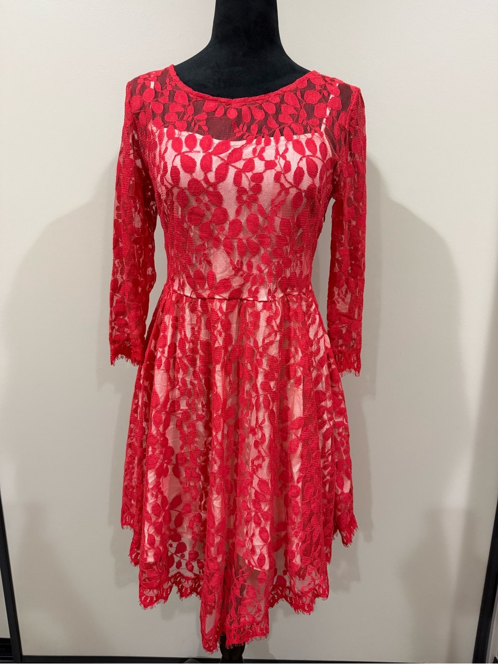 Free People Floral Mesh Lace Dress Red Asymmetrical Fit & Flare Size 6